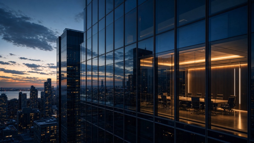 Glass office facade overlooking a city at dusk