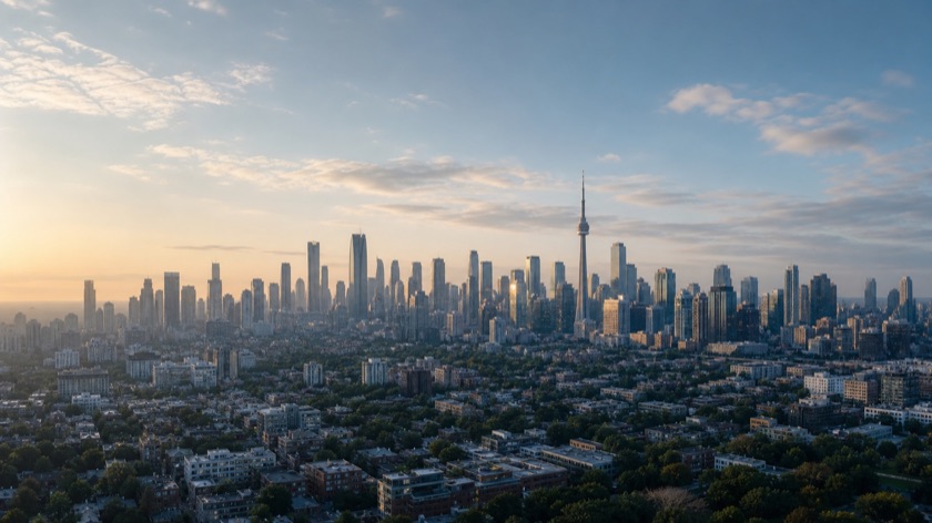 A wide modern city skyline in early morning light