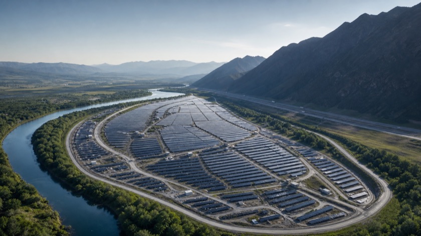 A renewable energy installation in a mountain river valley
